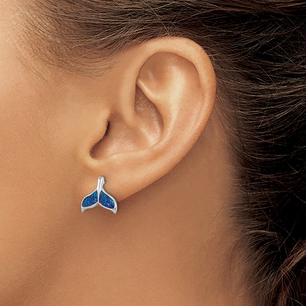 LE-036 Sterling Silver Rhodium-plated Polished Enameled Whale's Tail Dangle Earrings