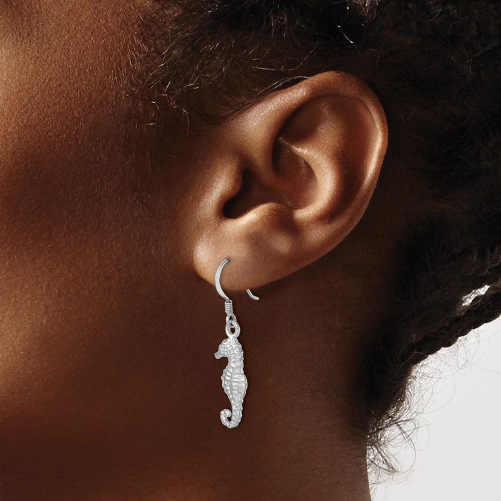 LE-168 Sterling Silver Rhodium-plated Polished Seahorse Dangle Earring