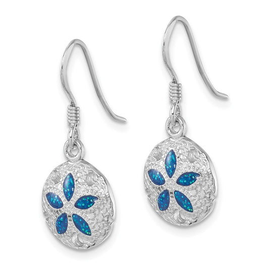 LE-189 Sterling Silver Rhodium-plated Polished and Textured Enameled Sand Dollar Dangle Earring