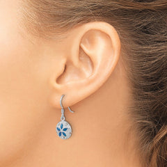 LE-189 Sterling Silver Rhodium-plated Polished and Textured Enameled Sand Dollar Dangle Earring