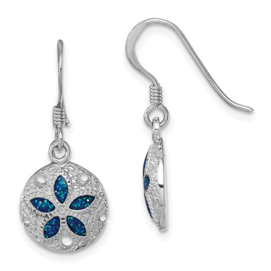 LE-189 Sterling Silver Rhodium-plated Polished and Textured Enameled Sand Dollar Dangle Earring