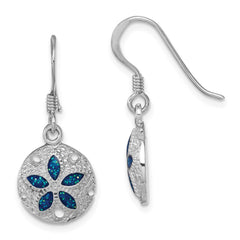 LE-189 Sterling Silver Rhodium-plated Polished and Textured Enameled Sand Dollar Dangle Earring