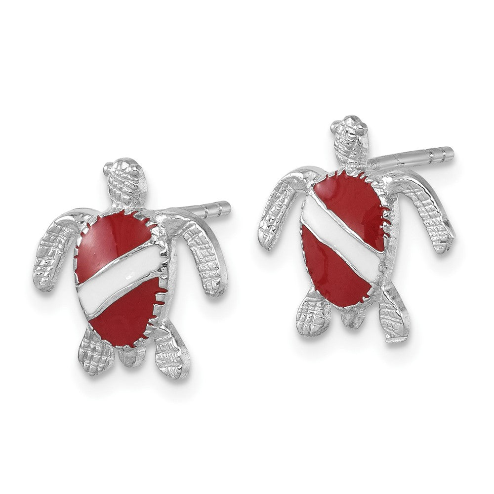 LE-207 Sterling Silver Rhodium-plated Enameled Polished Dive Flag Turtle Post Earring