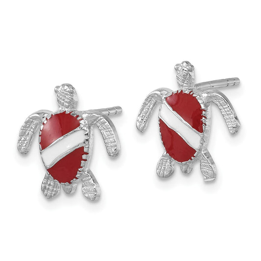 LE-207 Sterling Silver Rhodium-plated Enameled Polished Dive Flag Turtle Post Earring