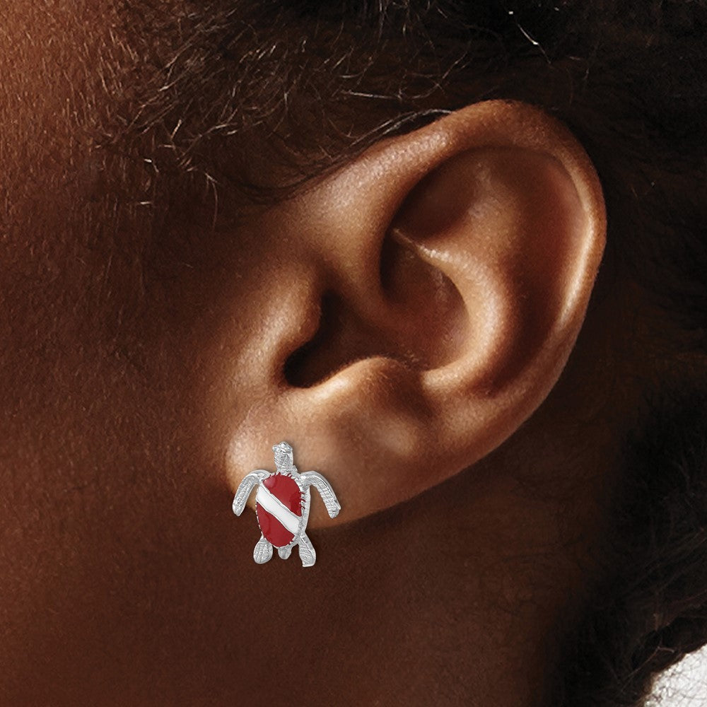 LE-207 Sterling Silver Rhodium-plated Enameled Polished Dive Flag Turtle Post Earring