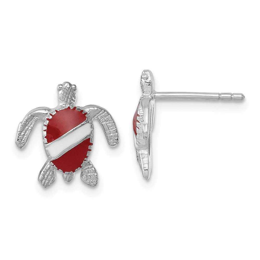 LE-207 Sterling Silver Rhodium-plated Enameled Polished Dive Flag Turtle Post Earring
