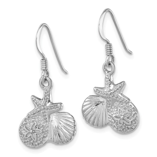 LE-230 Sterling Silver Rhodium-plated Polished Starfish, Sand Dollar & Shell Dangle Earring