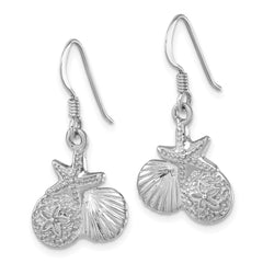 LE-230 Sterling Silver Rhodium-plated Polished Starfish, Sand Dollar & Shell Dangle Earring