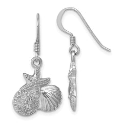 LE-230 Sterling Silver Rhodium-plated Polished Starfish, Sand Dollar & Shell Dangle Earring