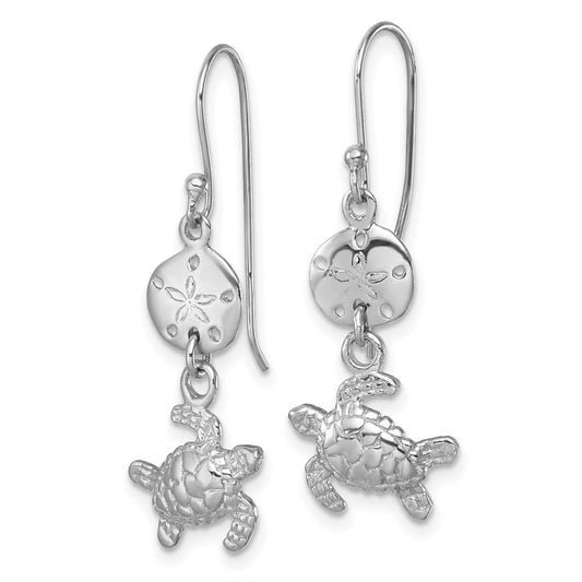 LE-407 Sterling Silver Rhodium-plated Polished Sand Dollar and Swimming Turtle Pendant