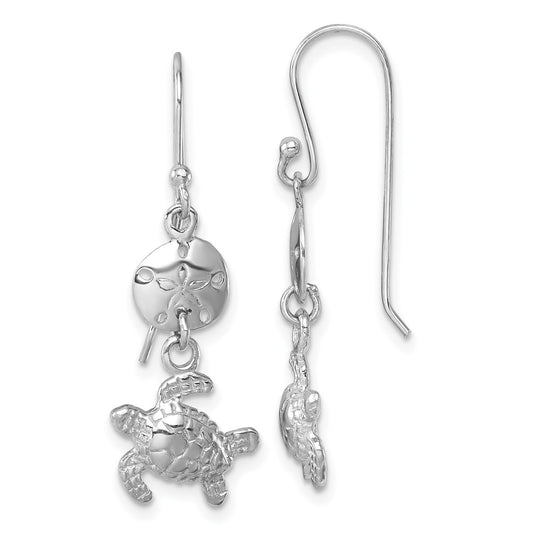 LE-407 Sterling Silver Rhodium-plated Polished Sand Dollar and Swimming Turtle Pendant