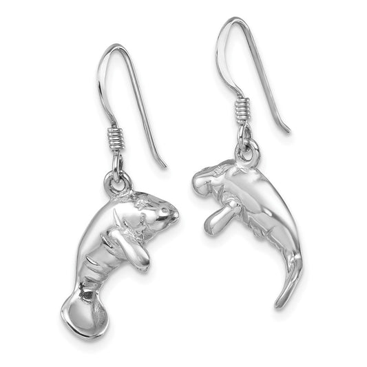 LE-96212 Sterling Silver Rhodium-plated Polished Manatee Dangle Earring