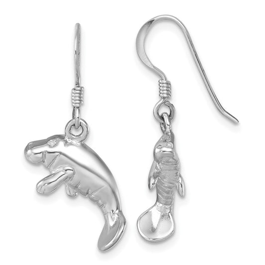 LE-96212 Sterling Silver Rhodium-plated Polished Manatee Dangle Earring