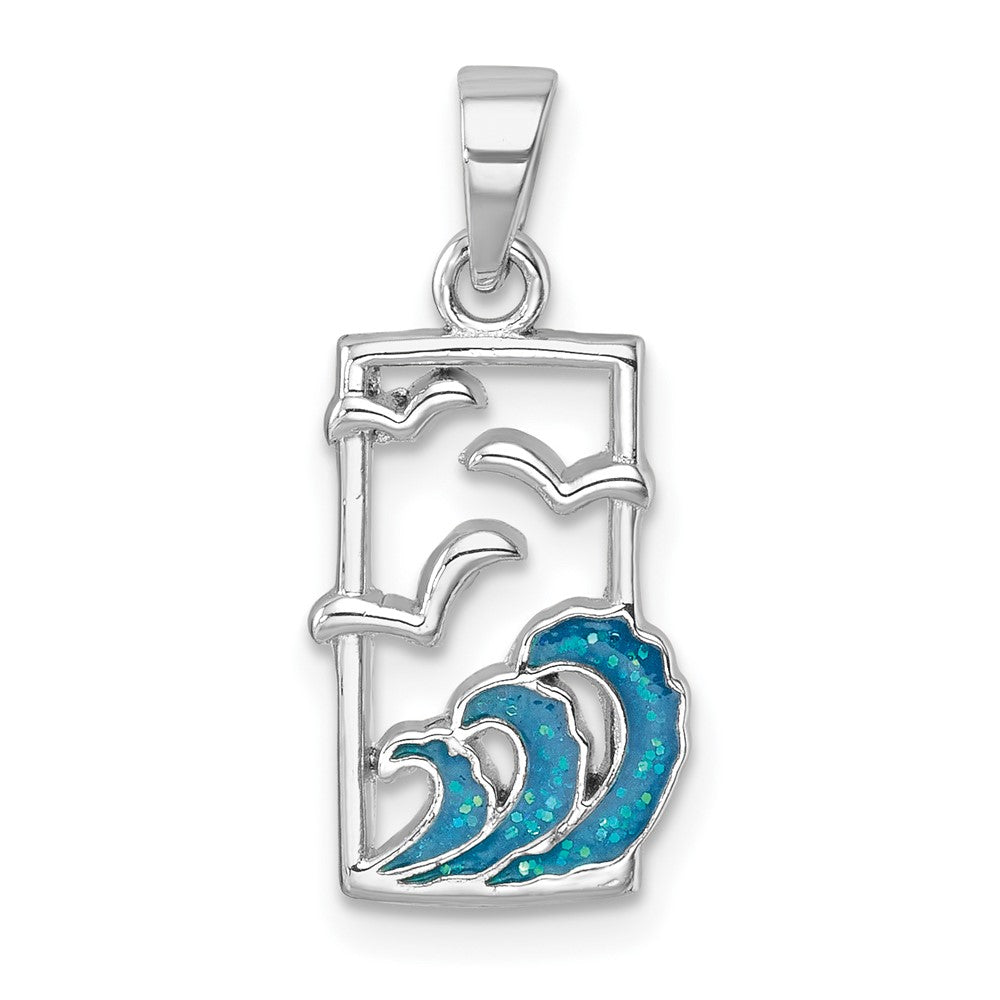 Sterling Silver Rhodium-plated Polished Sea Gull and Enameled Wave Pendant LP-312