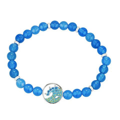 Sterling silver wave bracelet with blue and green crystals and blue agate beads