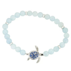Sterling silver turtle bracelet with dark blue crystals and aquamarine beads