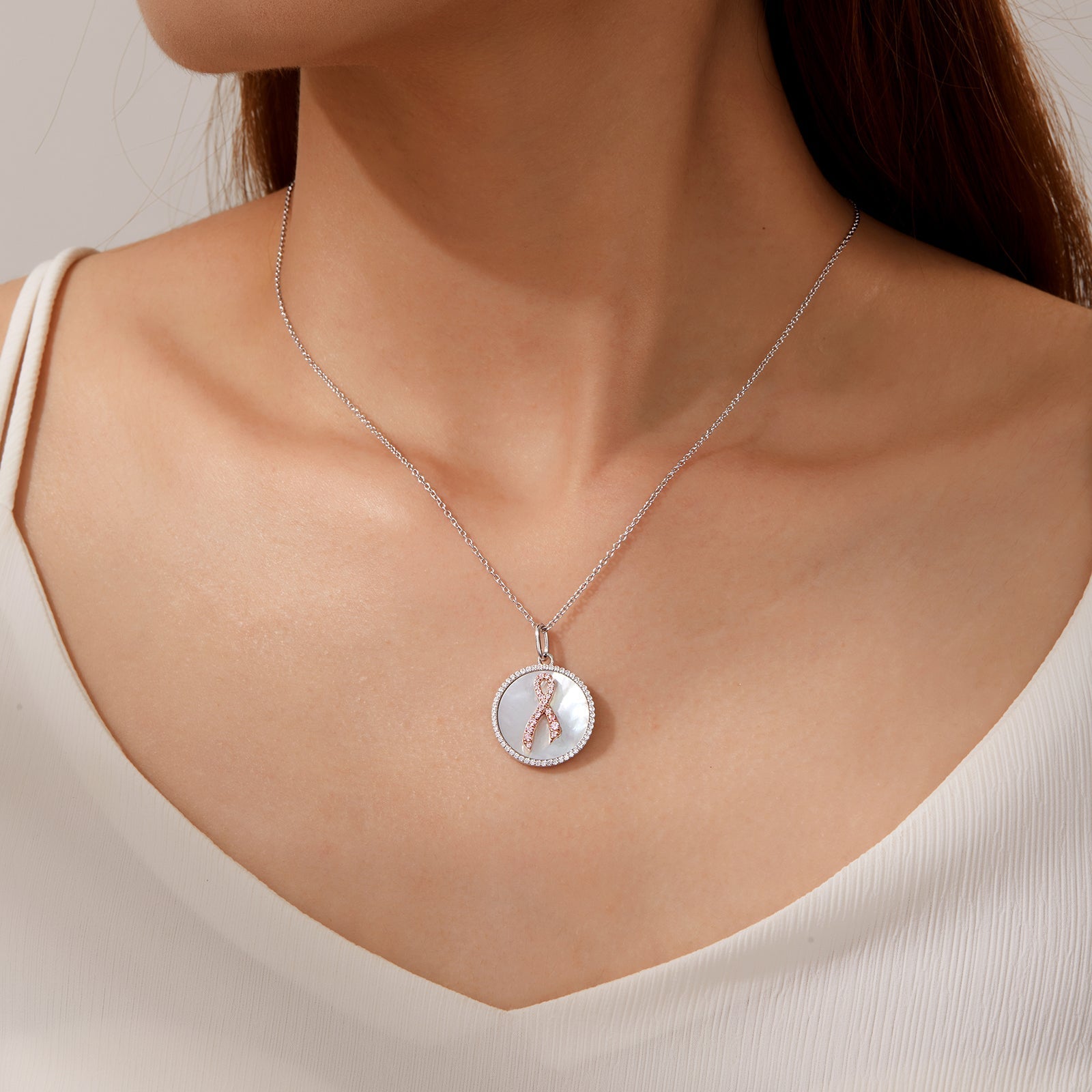 LAFONN Mother of Pearl Pink Ribbon Necklace P0288PLT20
