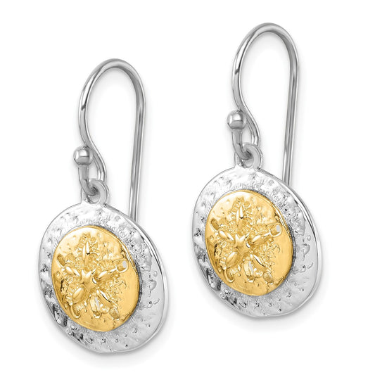 PLE-026 Sterling Silver Rhodium-plated Gold-tone Textured Sand Dollar Dangle Earrin