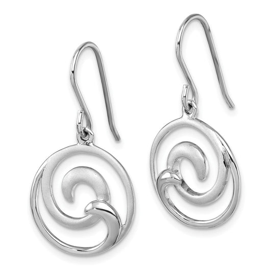 PLE-182 Sterling Silver Rhodium-Plated Polished and Brushed Double Wave Dangle Earrings