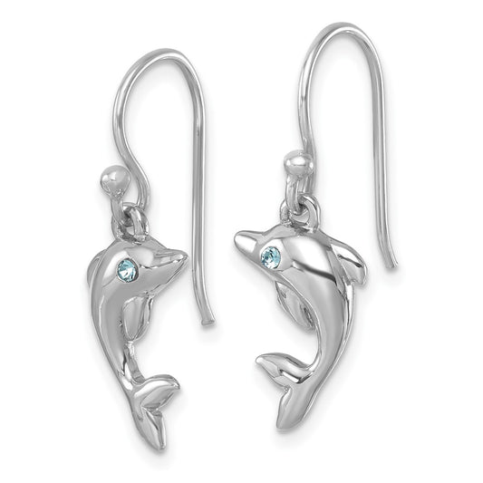 PLE-244 Sterling Silver Rhodium-plated Polished Dolphin Dangle Earrings