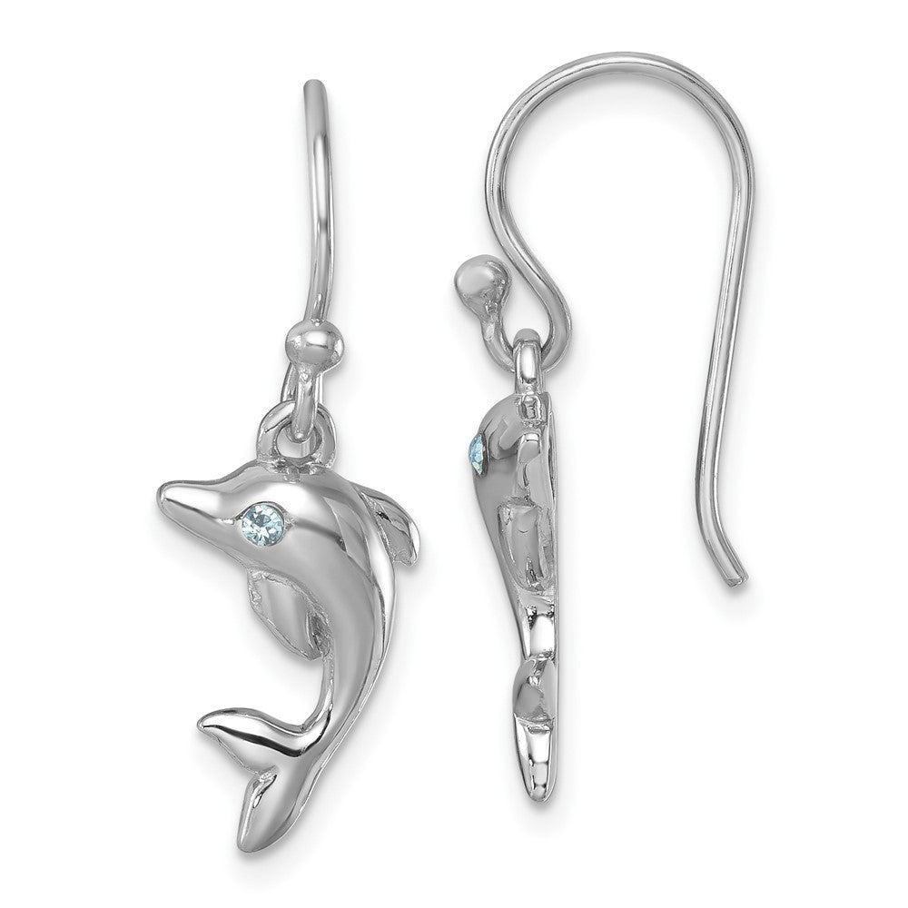 PLE-244 Sterling Silver Rhodium-plated Polished Dolphin Dangle Earrings