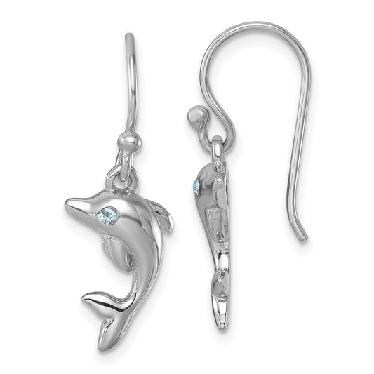PLE-244 Sterling Silver Rhodium-plated Polished Dolphin Dangle Earrings