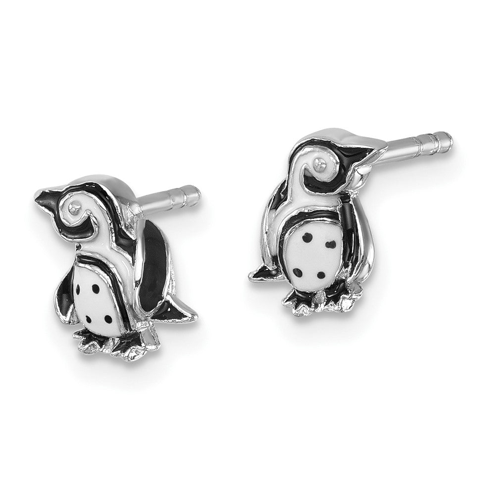 PLE-252 Sterling Silver Rhodium-plated Polished Enamel Penguin Post Earrings