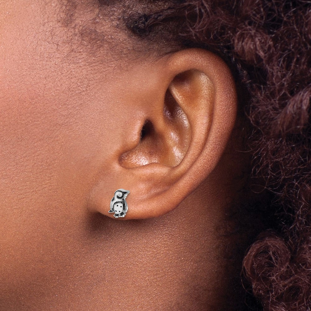 PLE-252 Sterling Silver Rhodium-plated Polished Enamel Penguin Post Earrings
