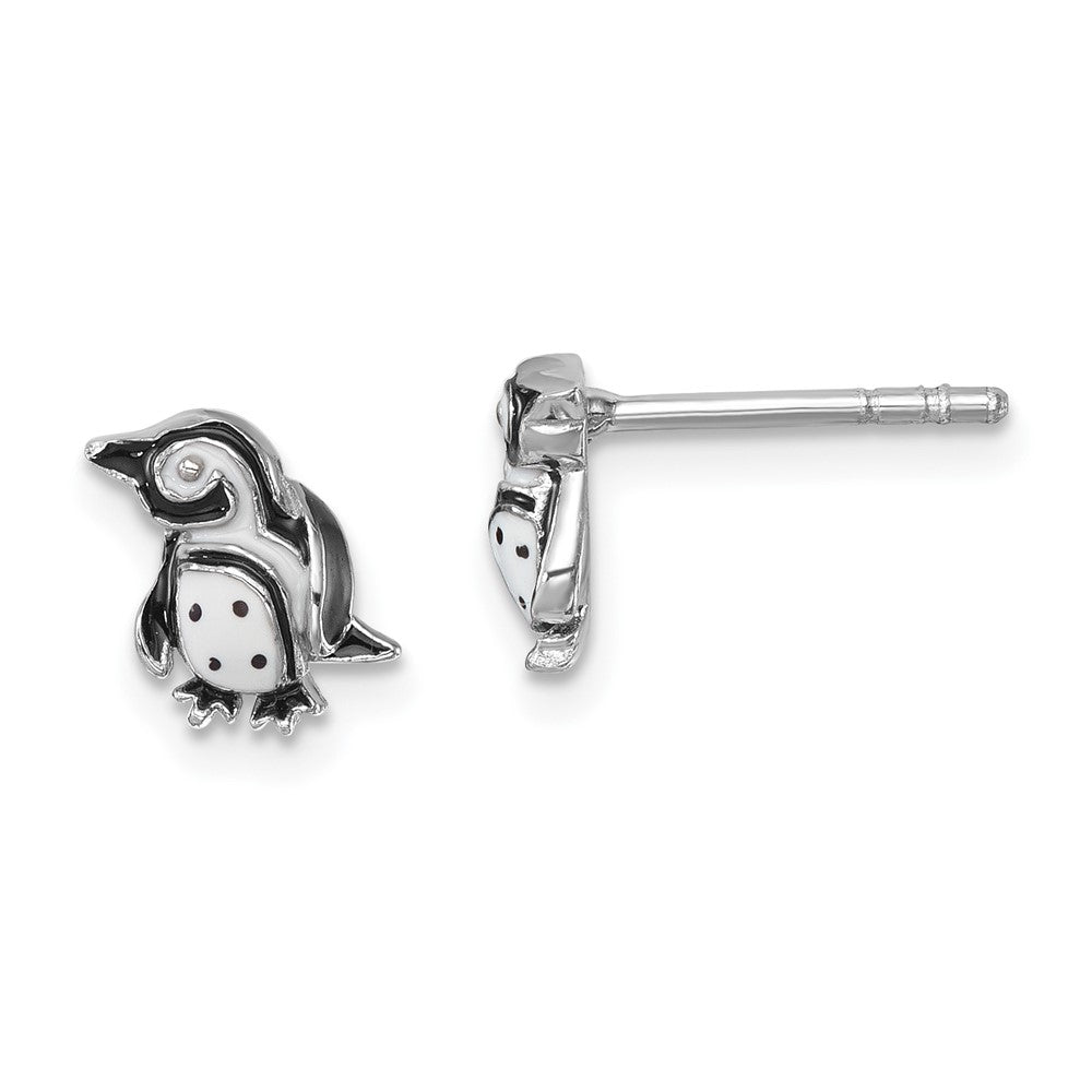 PLE-252 Sterling Silver Rhodium-plated Polished Enamel Penguin Post Earrings