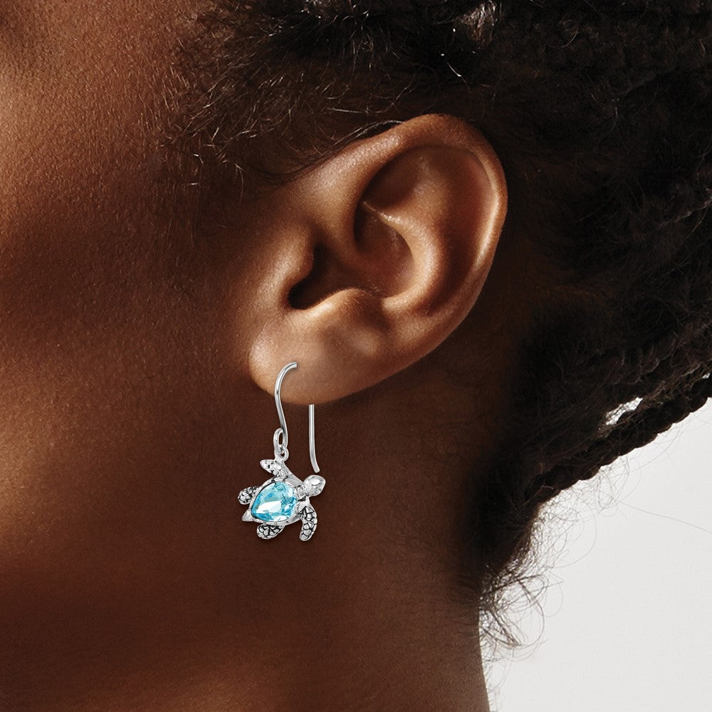 PLE-256 Sterling Silver Rhodium-plated Polished and Antiqued Blue Crystal Turtle Dangle Earrings