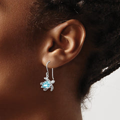PLE-256 Sterling Silver Rhodium-plated Polished and Antiqued Blue Crystal Turtle Dangle Earrings