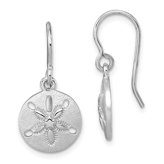PLE-381 Sterling Silver Rhodium-plated Polished Sand Dollar Dangle Earrings