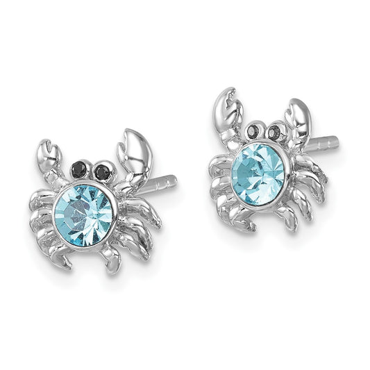 PLE-465 Sterling Silver Rhodium-plated Polished Blue Crystal Crab Post Earrings