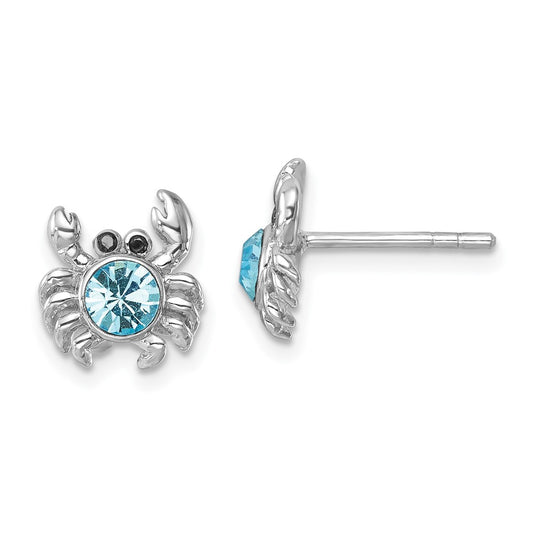PLE-465 Sterling Silver Rhodium-plated Polished Blue Crystal Crab Post Earrings