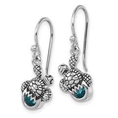 PLE-466 Sterling Silver Rhodium-Plated Antiqued Blue Crystal Hatching Turtle Dangle Earrings