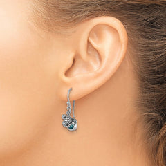 PLE-466 Sterling Silver Rhodium-Plated Antiqued Blue Crystal Hatching Turtle Dangle Earrings