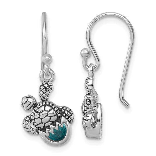 PLE-466 Sterling Silver Rhodium-Plated Antiqued Blue Crystal Hatching Turtle Dangle Earrings