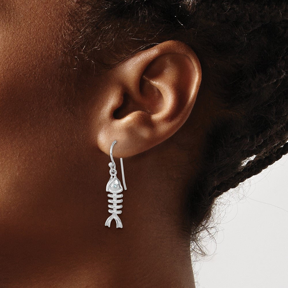 PLE-472 Sterling Silver Rhodium-plated Polished Crystal Eye Bonefish Dangle Earring