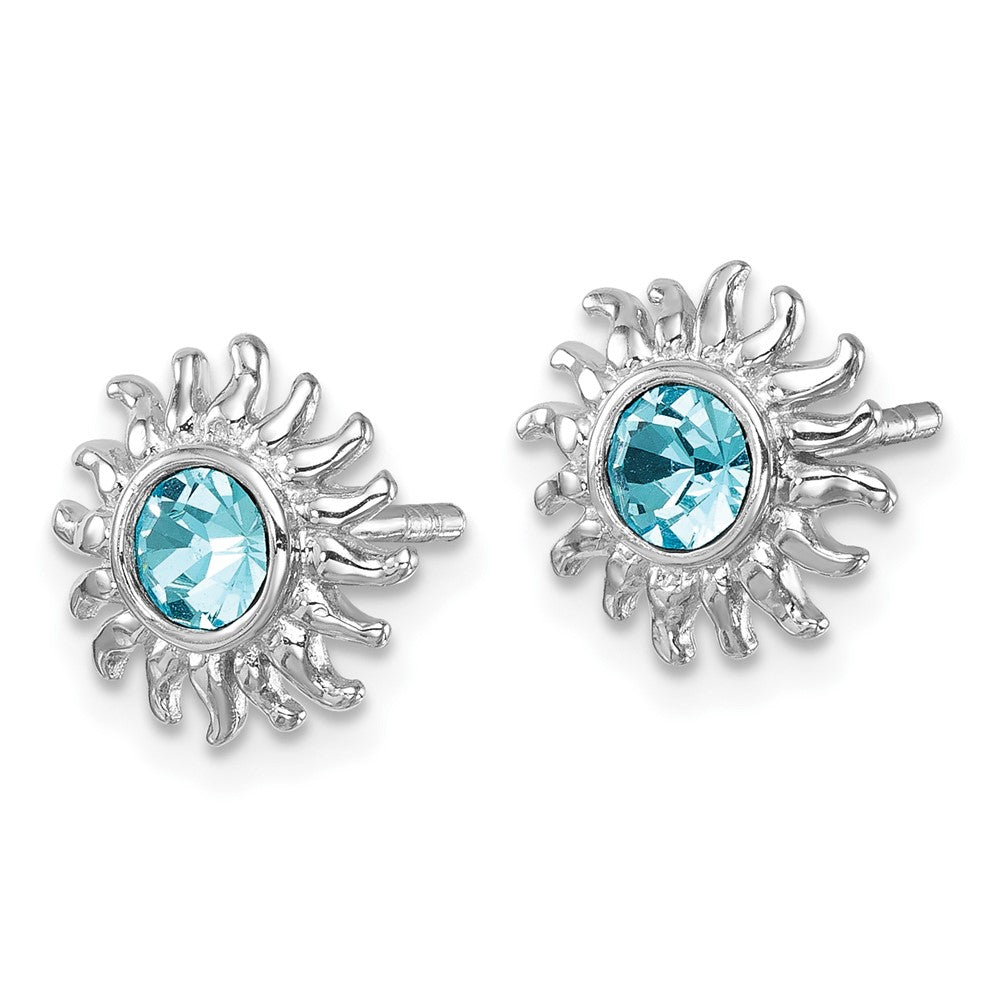 PLE-486 Sterling Silver Rhodium-Plated Polished Blue Crystal Sun Post Earrings