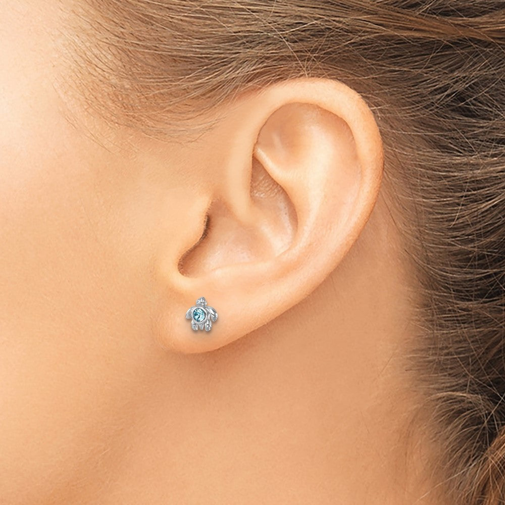 PLE-510 Sterling Silver Rhodium-Plated Polished Blue Crystal Inlay Tiny Turtle Post Earrings