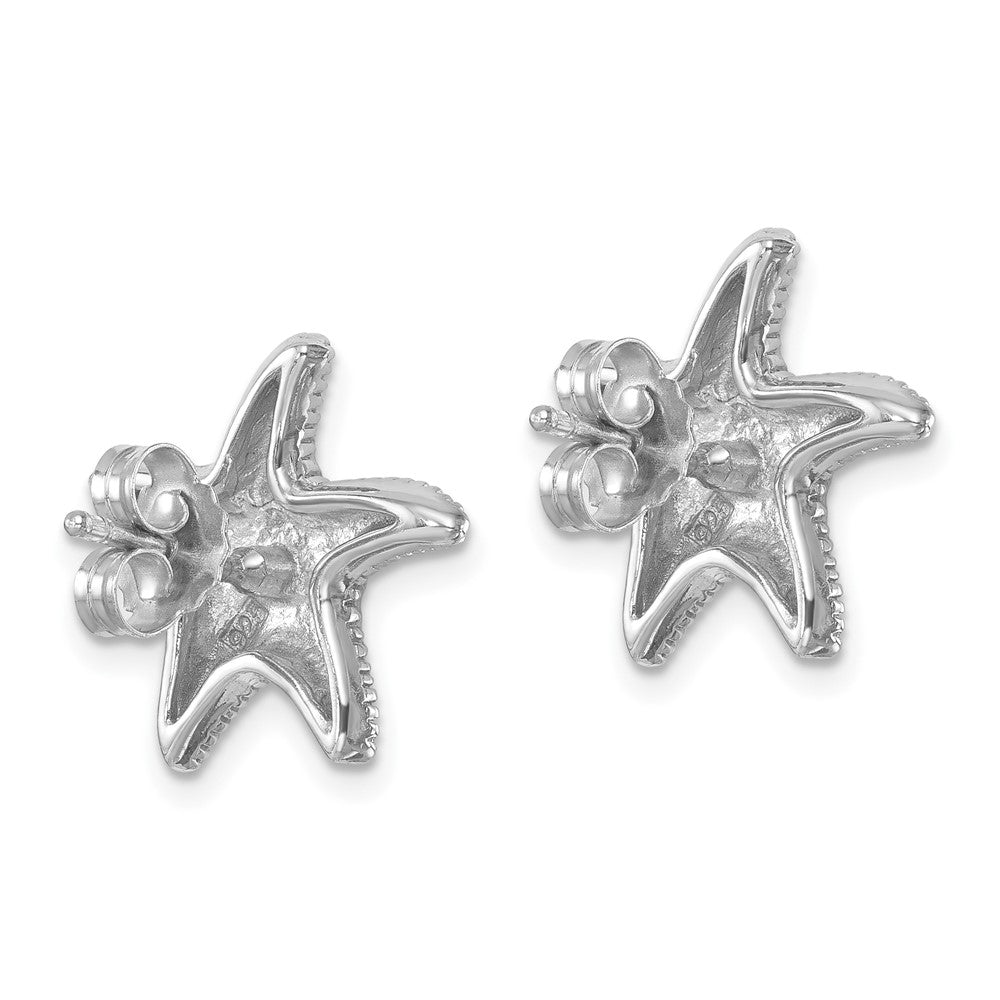 PLE-542 Sterling Silver Rhodium-Plated Polished and Textured Crystal Starfish Post Earrings
