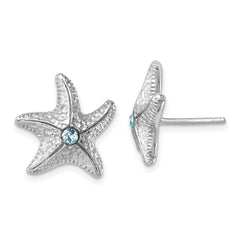 PLE-542 Sterling Silver Rhodium-Plated Polished and Textured Crystal Starfish Post Earrings