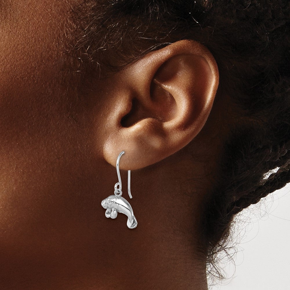PLE-692 Sterling Silver Rhodium-Plated Manatee Dangle Earrings