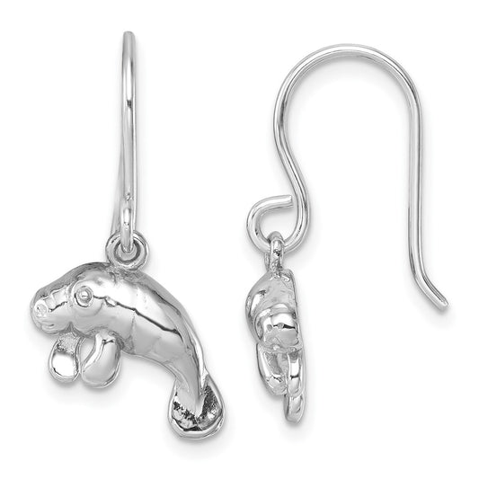 PLE-692 Sterling Silver Rhodium-Plated Manatee Dangle Earrings