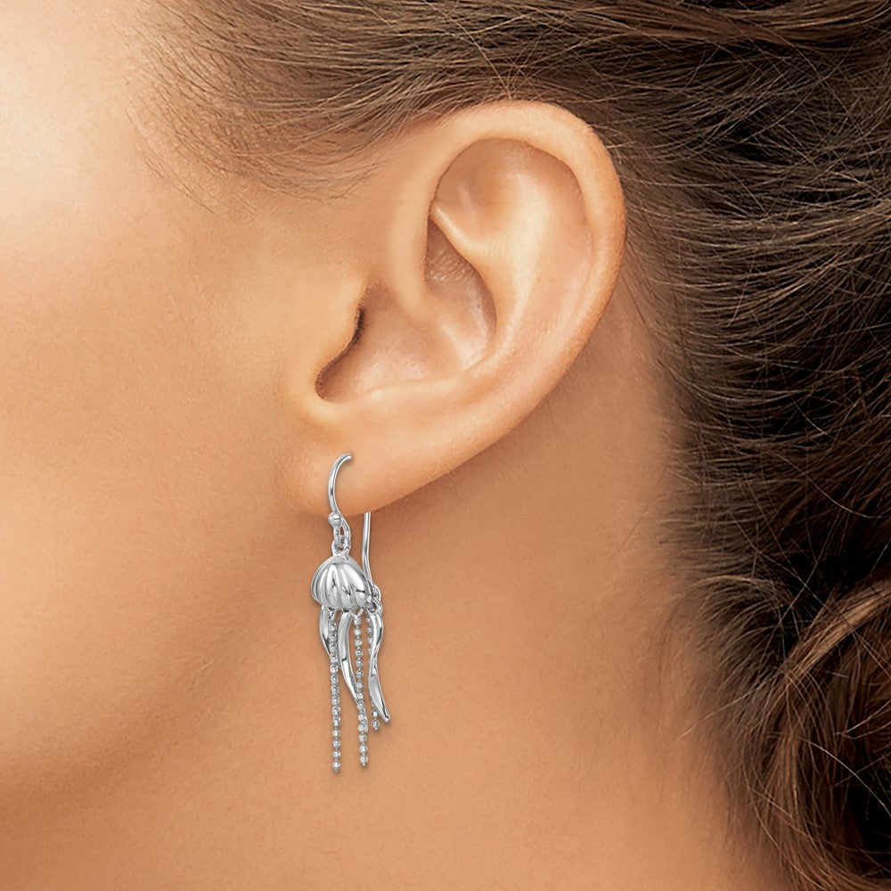 PLE-791 Sterling Silver Rhodium-plated Polished Moveable Jellyfish Dangle Earrings