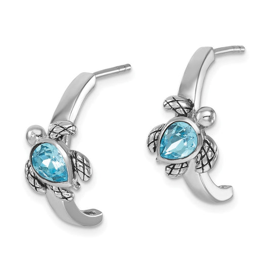 PLE-971 Sterling Silver Rhodium-plated Polished and Antiqued Blue Crystal Turtle J-Hoop Earrings