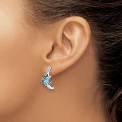 PLE-971 Sterling Silver Rhodium-plated Polished and Antiqued Blue Crystal Turtle J-Hoop Earrings