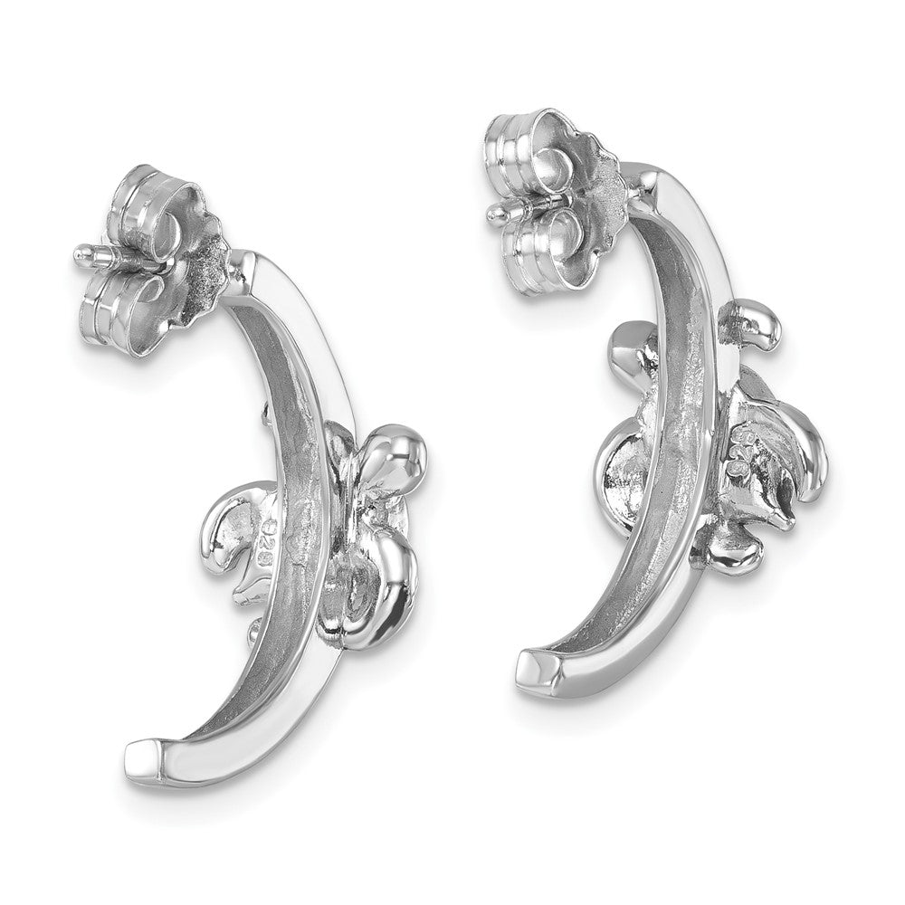 PLE-971 Sterling Silver Rhodium-plated Polished and Antiqued Blue Crystal Turtle J-Hoop Earrings