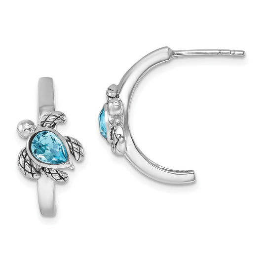 PLE-971 Sterling Silver Rhodium-plated Polished and Antiqued Blue Crystal Turtle J-Hoop Earrings