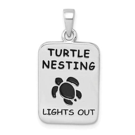 Sterling Silver Rhodium-Plated Antiqued Turtle Nesting Lights Out Sign Pendant PLP-102